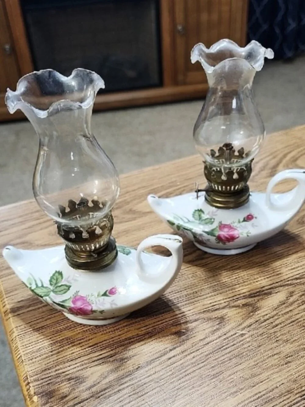 2 Hurricane Kerosine oil lamps pair Porcelain Pink Roses gold trim white lantern